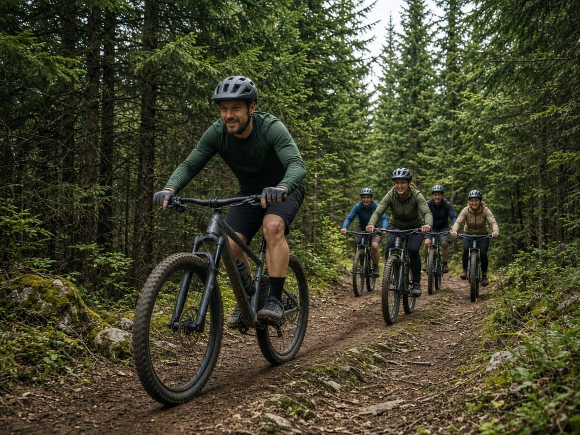 Gruppe auf Mountainbikes auf einem Waldweg in den Bergen