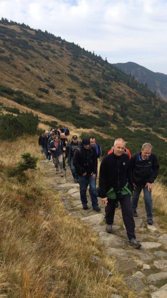 Gruppe wandert auf einem steinigen Bergpfad zwischen Gras und Latschen